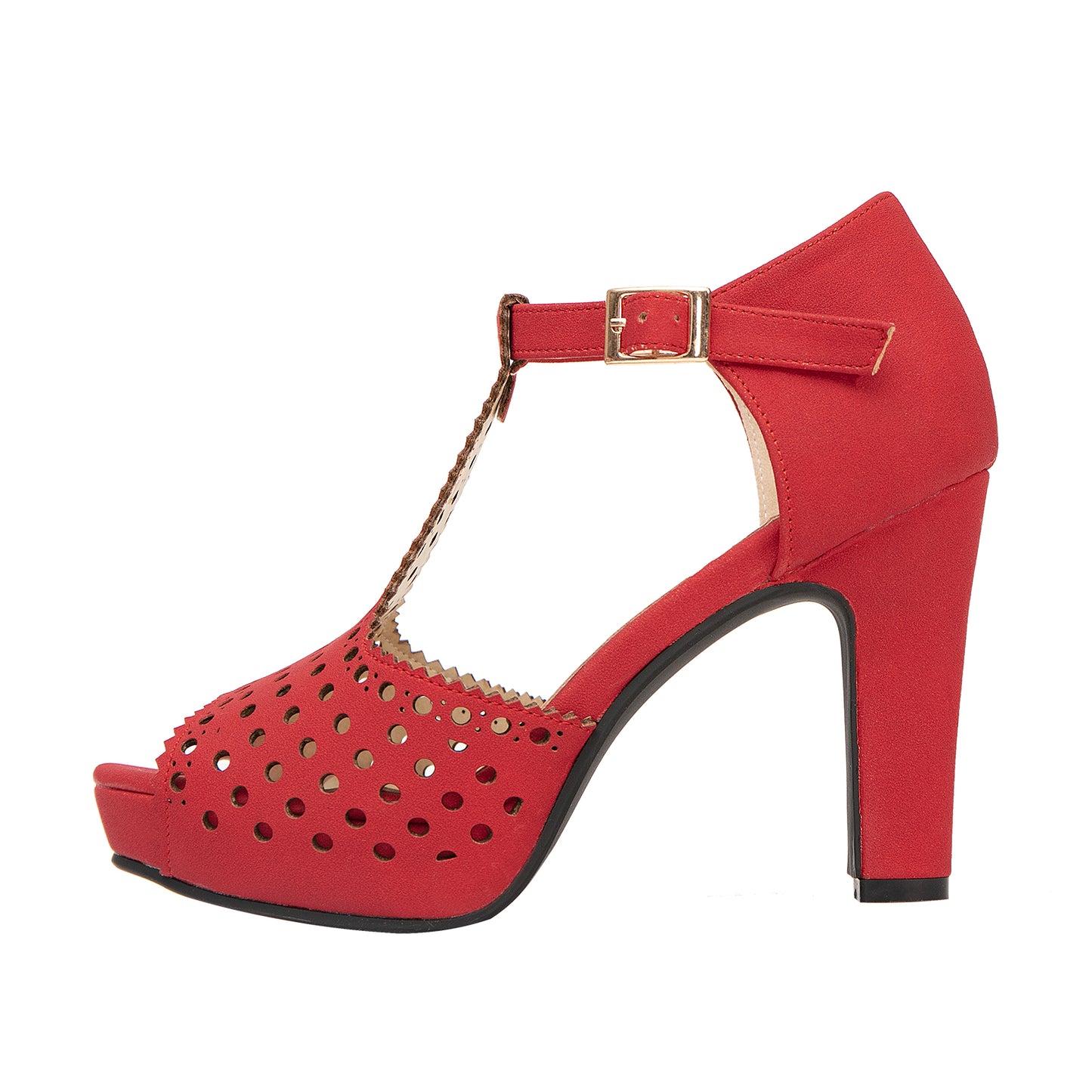 Vintage Laser-Cut Suede T-Strap Peep Toe Heels