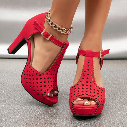 Vintage Laser-Cut Suede T-Strap Peep Toe Heels
