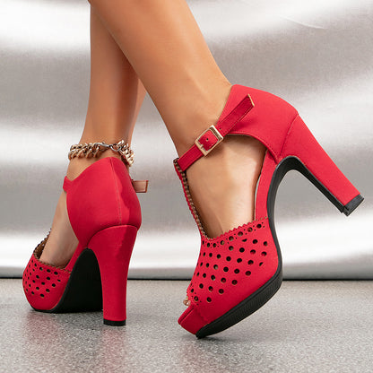 Vintage Laser-Cut Suede T-Strap Peep Toe Heels