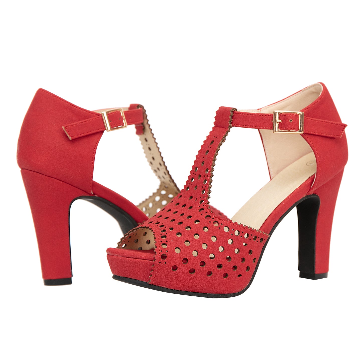Vintage Laser-Cut Suede T-Strap Peep Toe Heels
