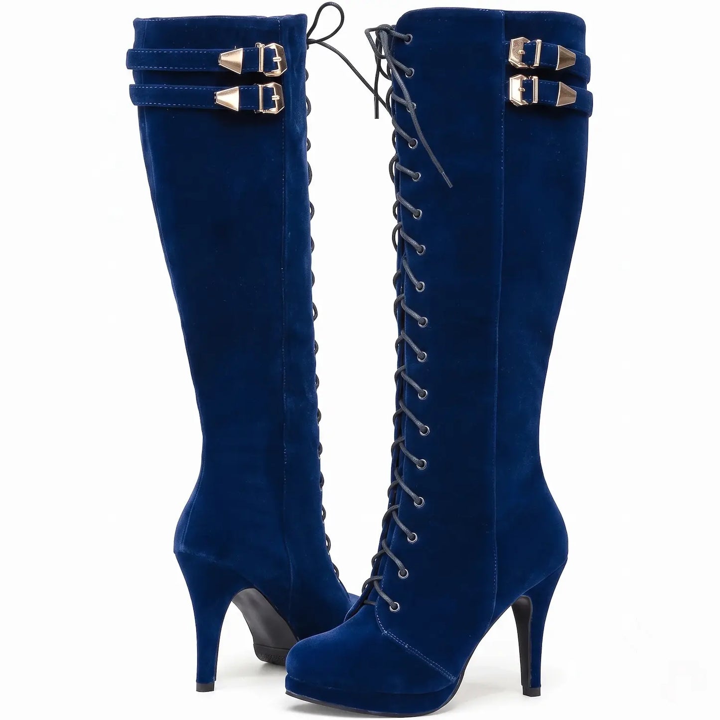 Womens Knee High Boots Suede Buckle Rock Lace Up