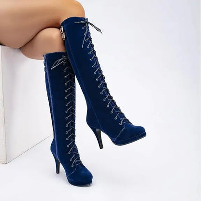 Womens Knee High Boots Suede Buckle Rock Lace Up