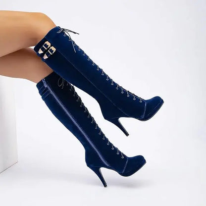 Womens Knee High Boots Suede Buckle Rock Lace Up