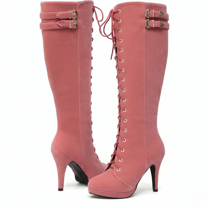 Womens Knee High Boots Suede Buckle Rock Lace Up