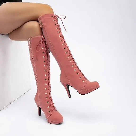 Womens Knee High Boots Suede Buckle Rock Lace Up