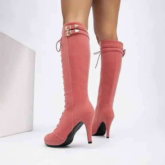 Womens Knee High Boots Suede Buckle Rock Lace Up