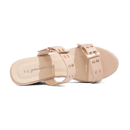Double Buckle Woven Wedge Slides