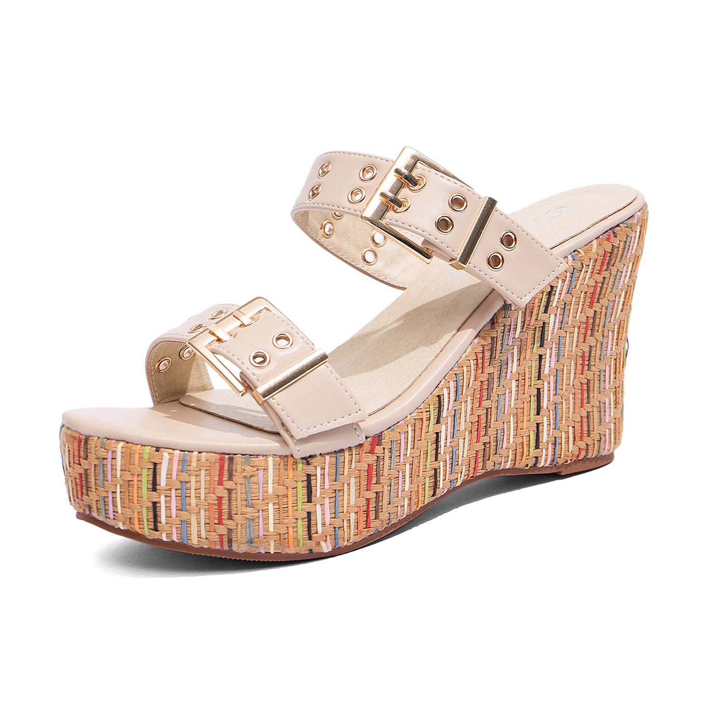Double Buckle Woven Wedge Slides