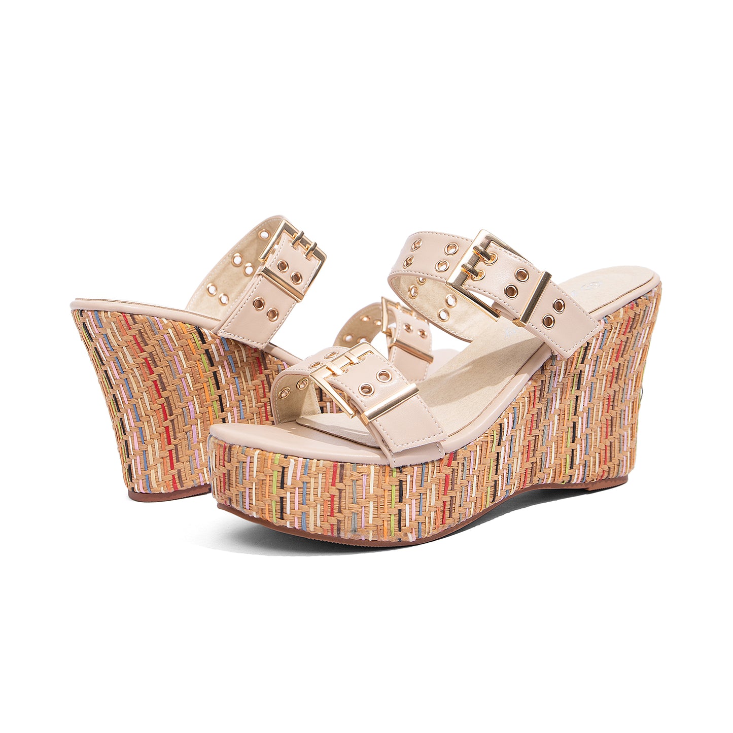 Double Buckle Woven Wedge Slides