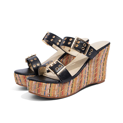 Double Buckle Woven Wedge Slides