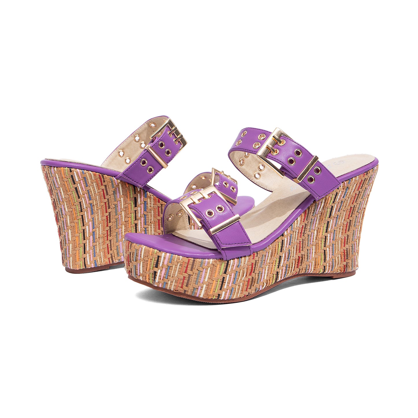 Double Buckle Woven Wedge Slides
