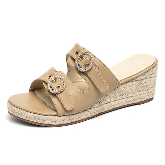 Rhinestone Double Strap Espadrille Wedge Slides
