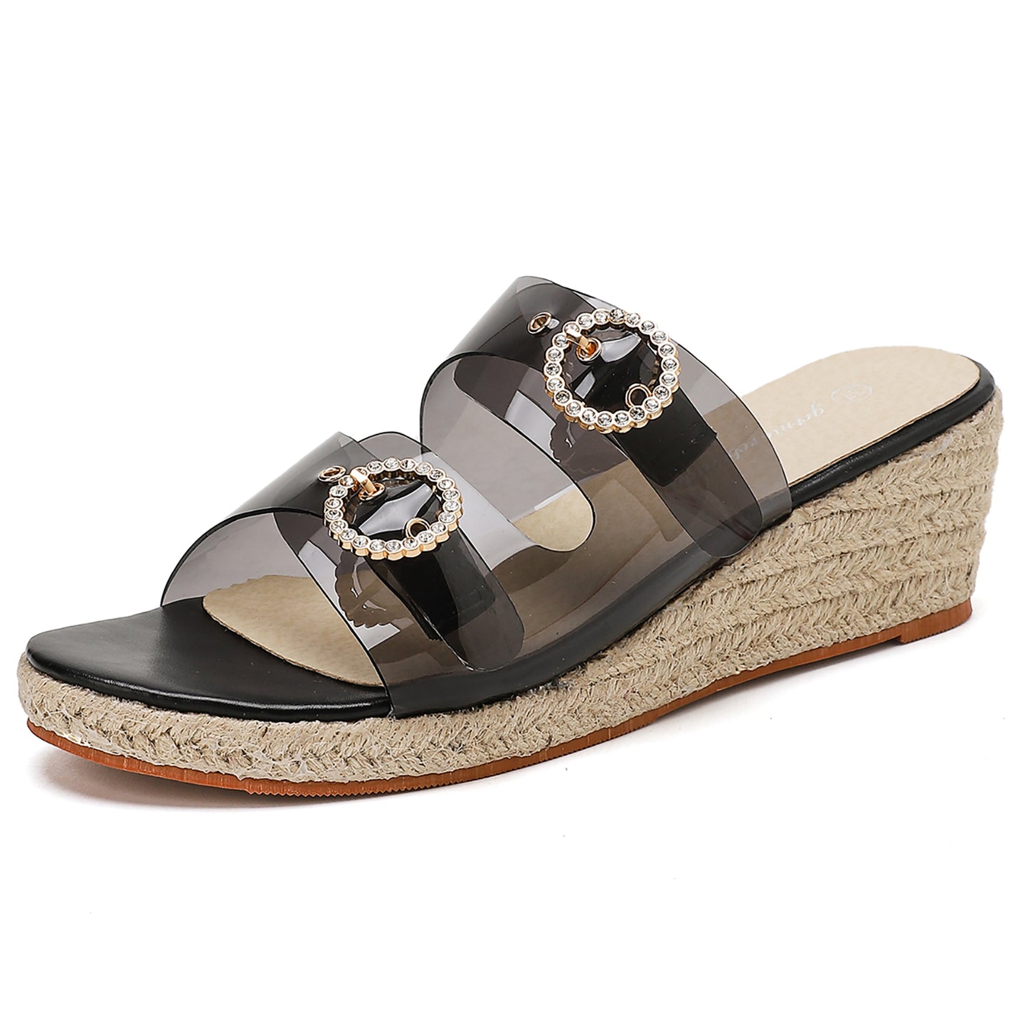 Rhinestone Double Strap Espadrille Wedge Slides