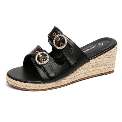 Rhinestone Double Strap Espadrille Wedge Slides