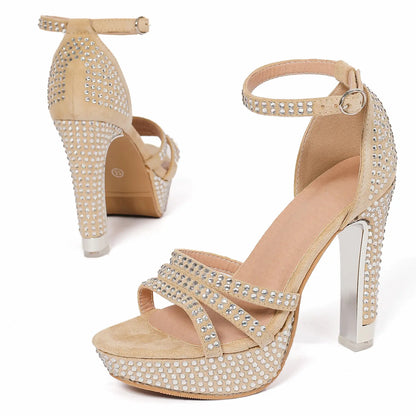 Sparkly Rhinestone Open Toe Platform Block Heel Sandals