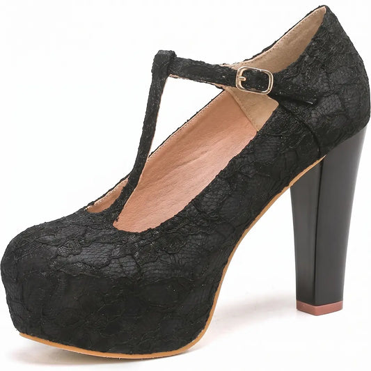 Vintage Lace T-Strap Platform Pumps