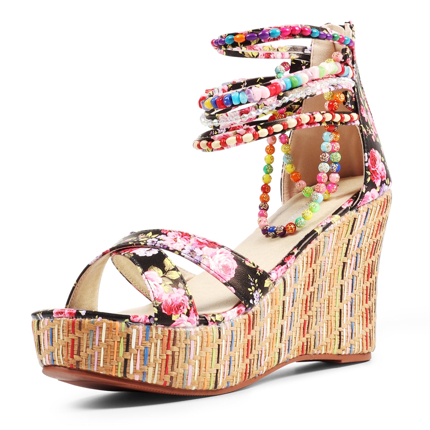 Floral Beaded Woven Wedge Sandals