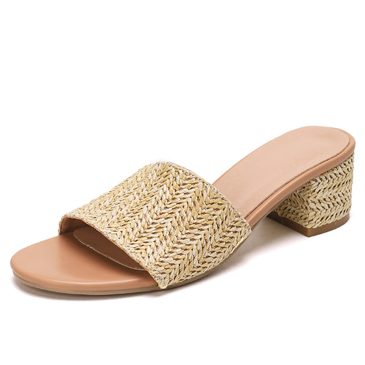Woven Raffia Block Heel Slide Sandals