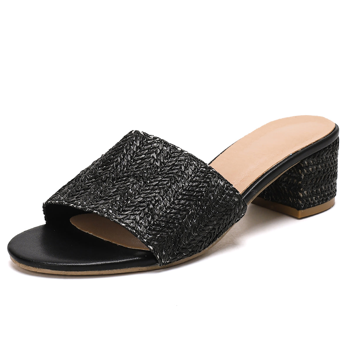 Woven Raffia Block Heel Slide Sandals