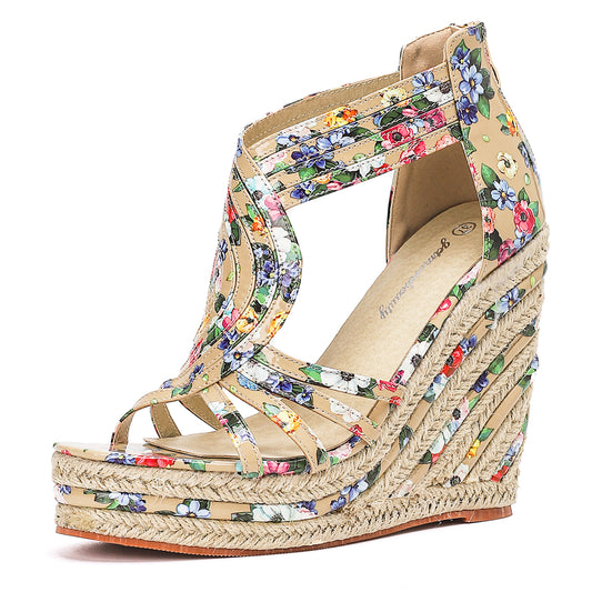 T-Strap Floral Espadrille Platform Wedges