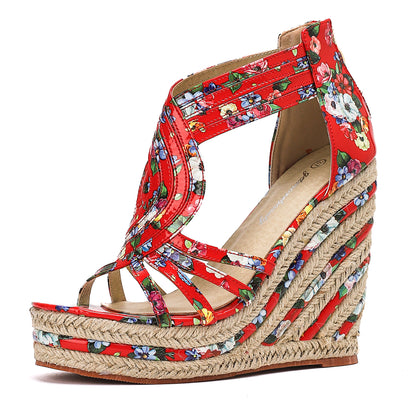 T-Strap Floral Espadrille Platform Wedges