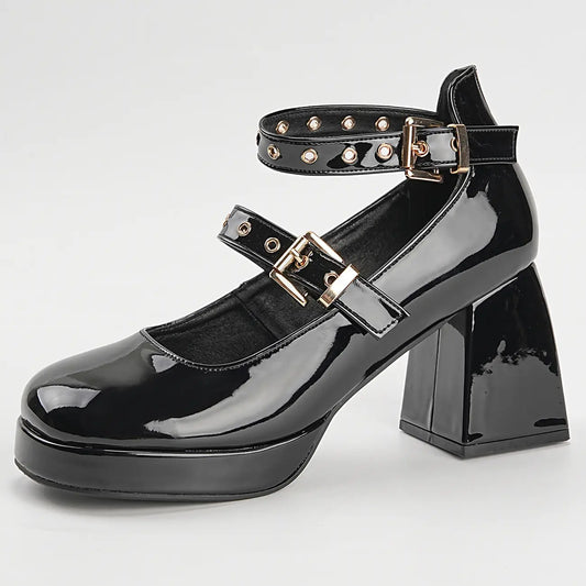 Patent Double Strap Platform Mary Jane Pumps