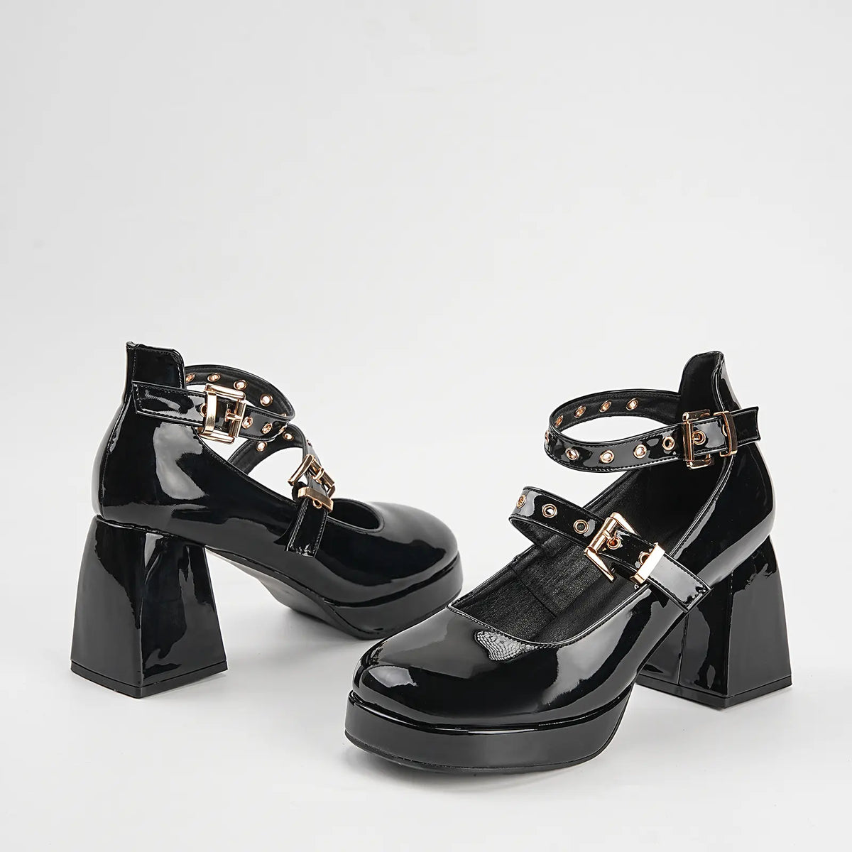 Patent Double Strap Platform Mary Jane Pumps