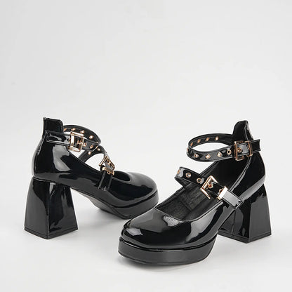 Patent Double Strap Platform Mary Jane Pumps