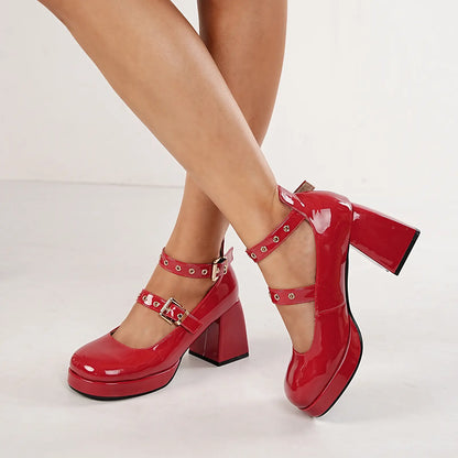 Patent Double Strap Platform Mary Jane Pumps