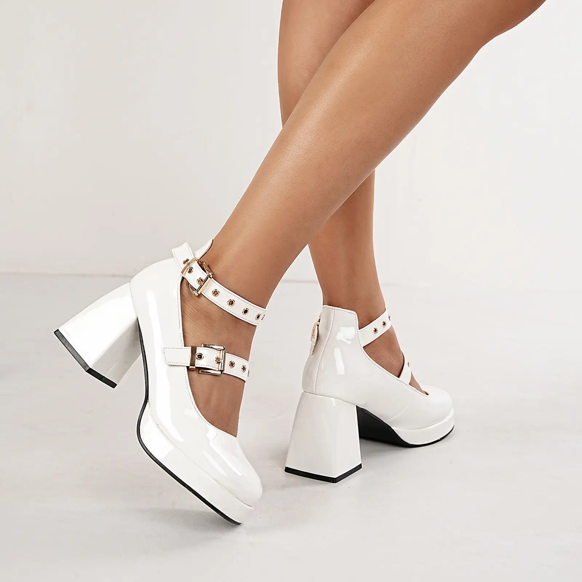 Patent Double Strap Platform Mary Jane Pumps