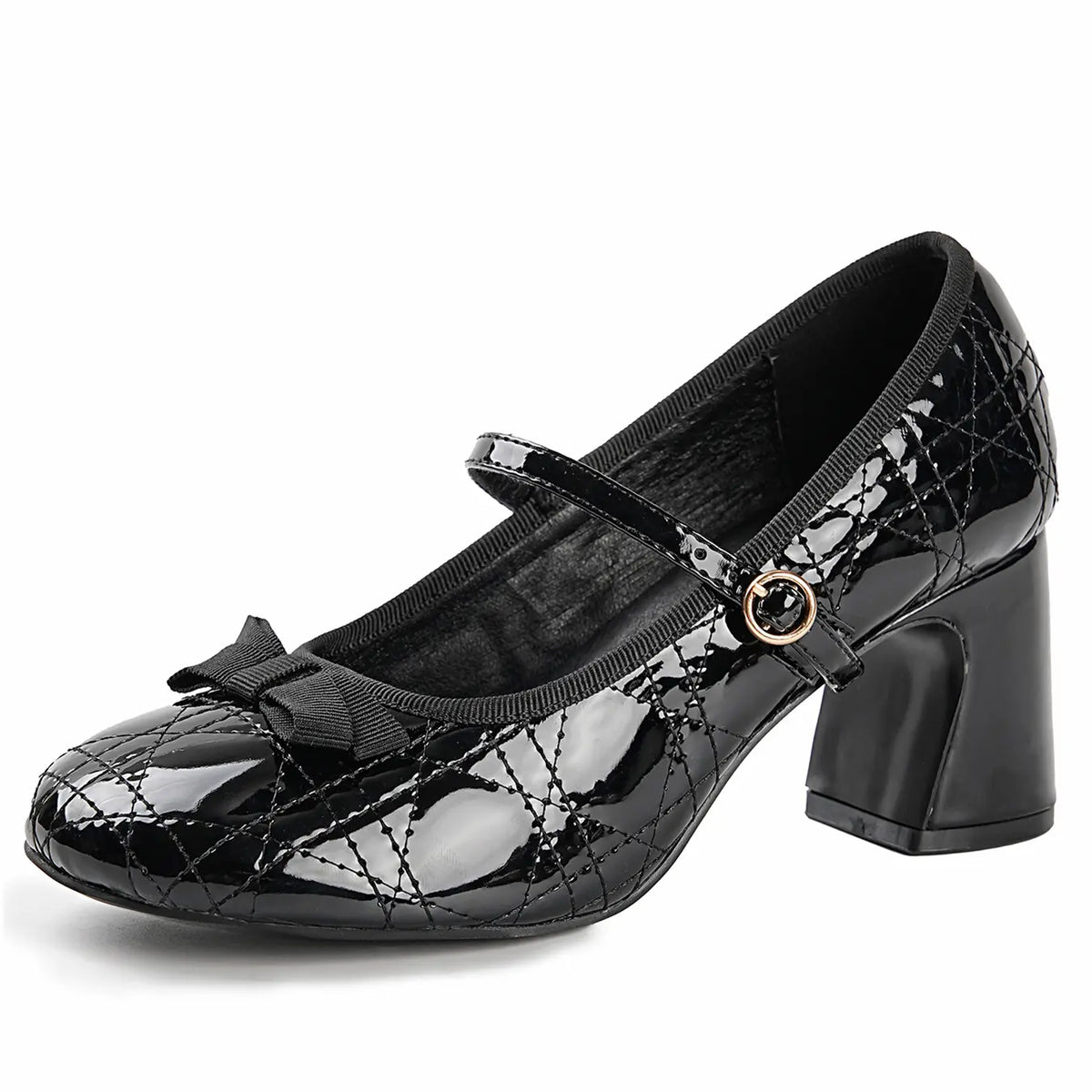 Quilted Patent Bow Mary Jane Pumps - Closed Toe Block Heels