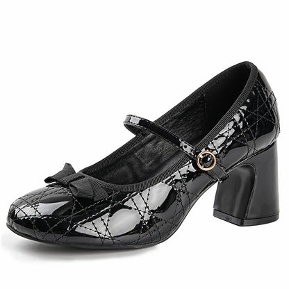 Quilted Patent Bow Mary Jane Pumps - Closed Toe Block Heels