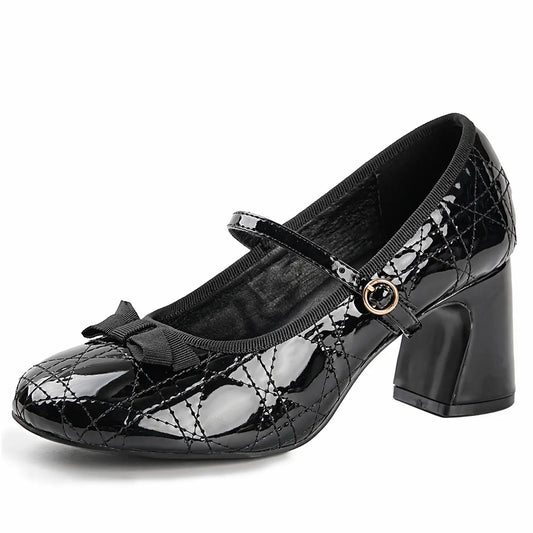 Quilted Patent Bow Mary Jane Pumps - Closed Toe Block Heels