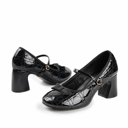 Quilted Patent Bow Mary Jane Pumps - Closed Toe Block Heels