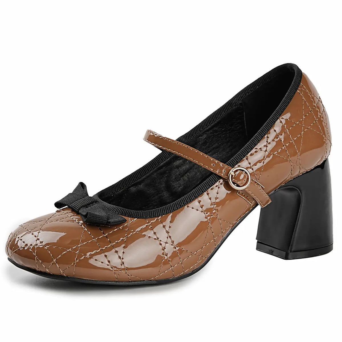 Quilted Patent Bow Mary Jane Pumps - Closed Toe Block Heels