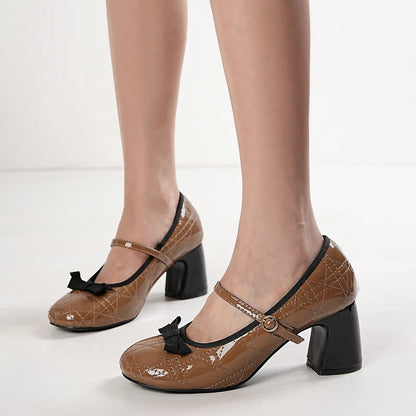Quilted Patent Bow Mary Jane Pumps - Closed Toe Block Heels