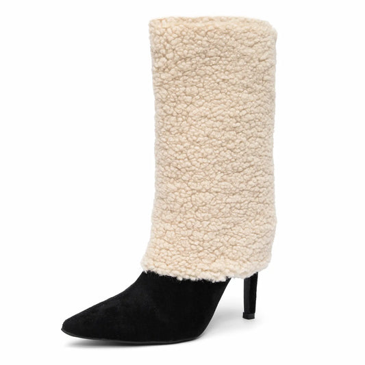 Pointed Toe Fold Over Sherpa Stiletto Mid Calf Boots