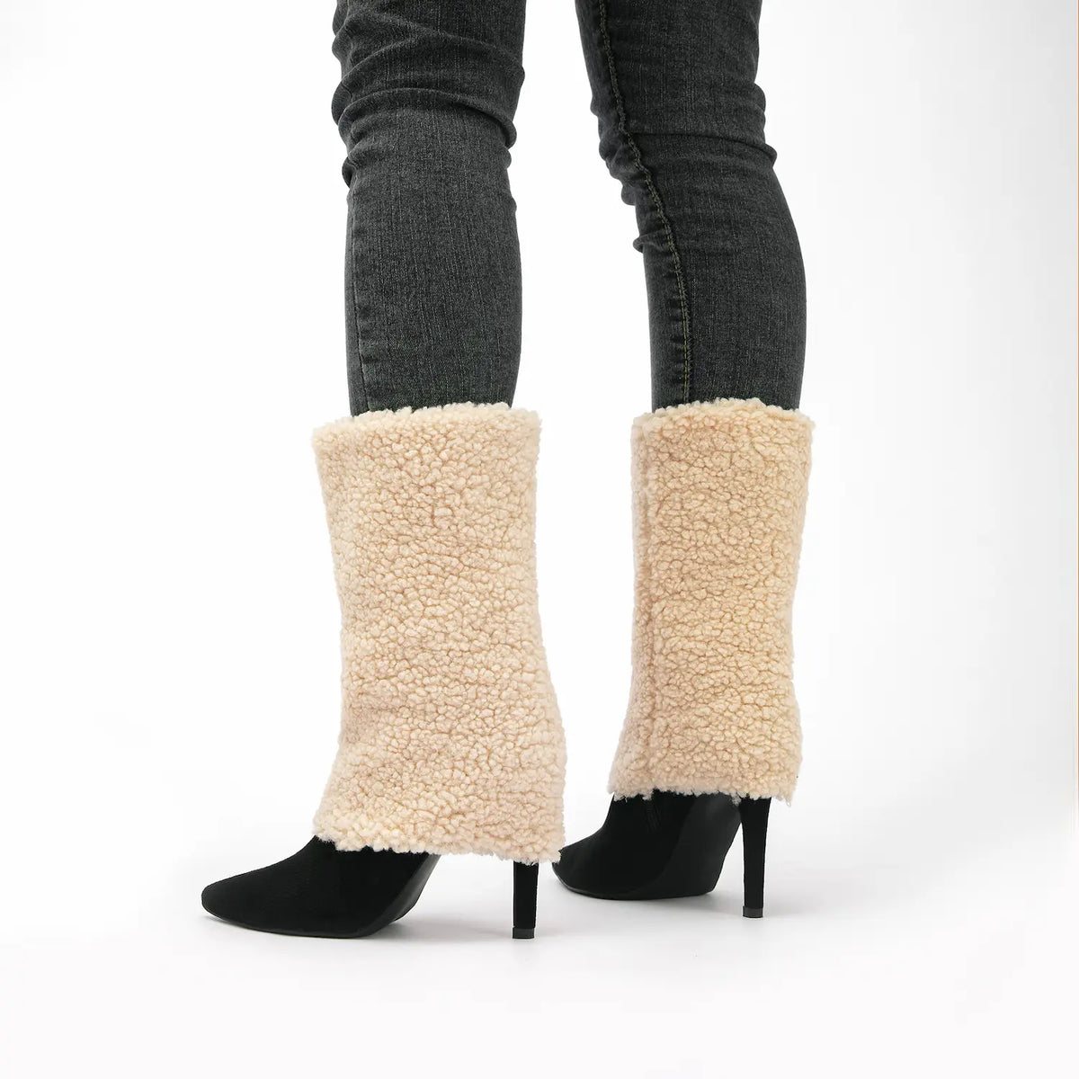 Pointed Toe Fold Over Sherpa Stiletto Mid Calf Boots