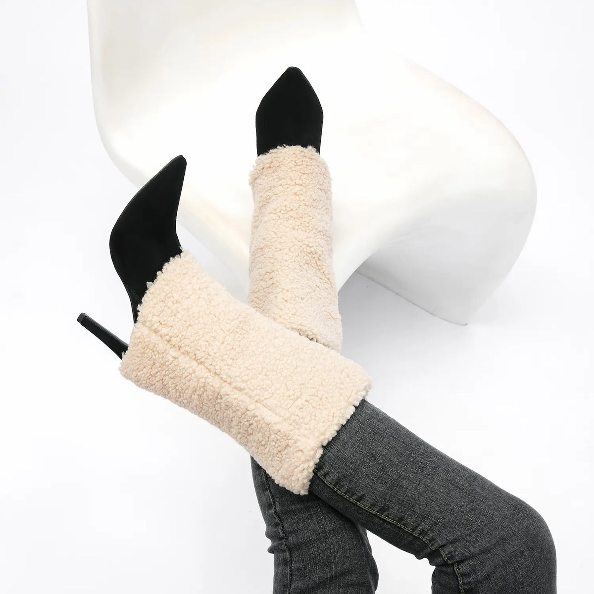 Pointed Toe Fold Over Sherpa Stiletto Mid Calf Boots