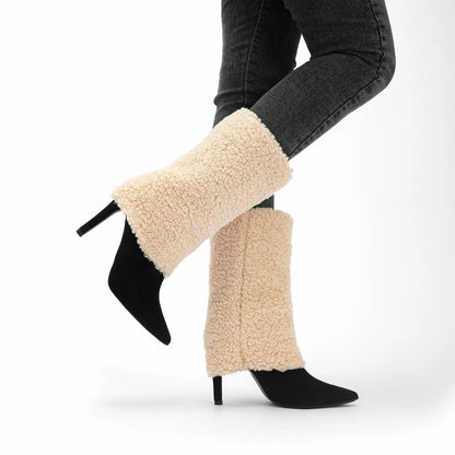 Pointed Toe Fold Over Sherpa Stiletto Mid Calf Boots