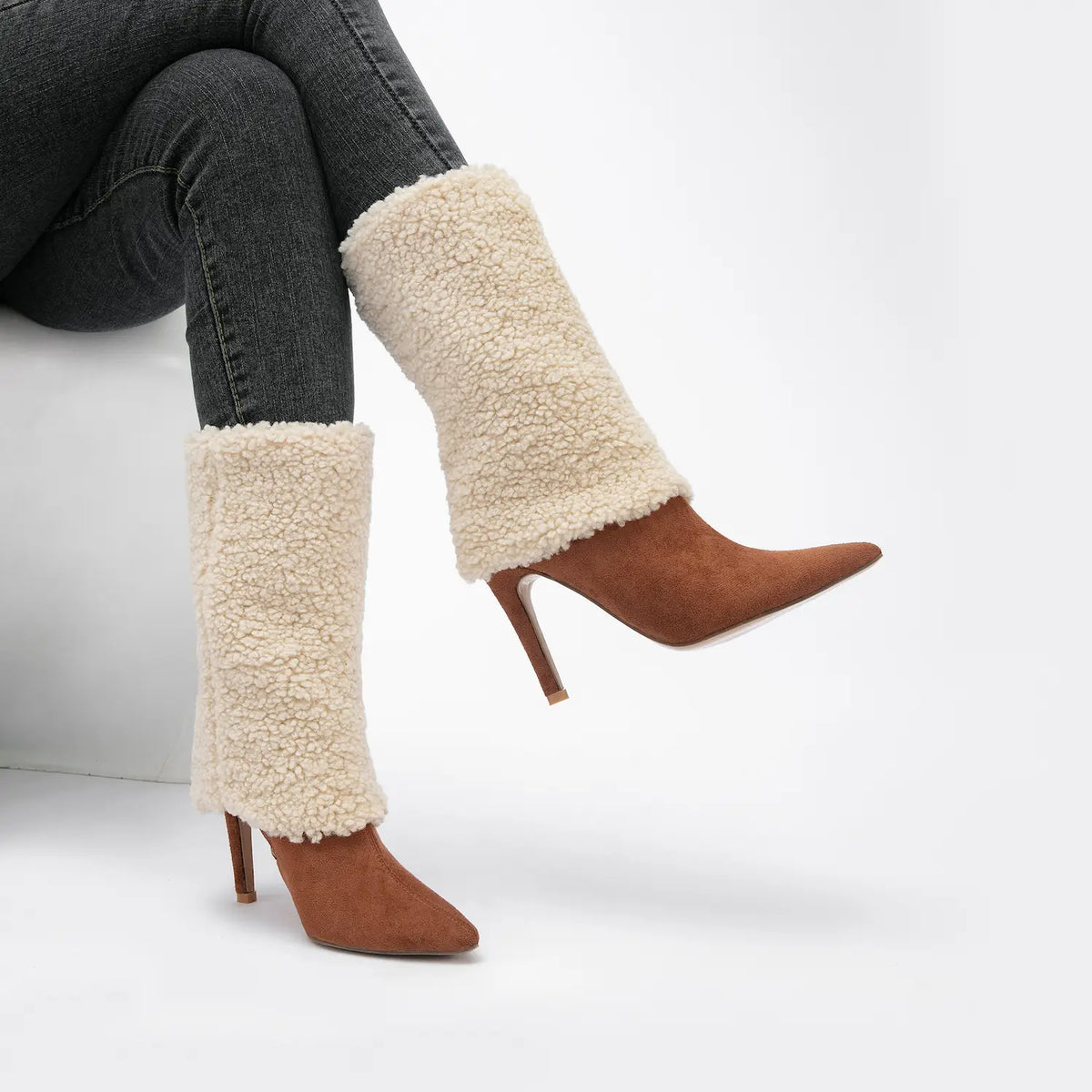Pointed Toe Fold Over Sherpa Stiletto Mid Calf Boots
