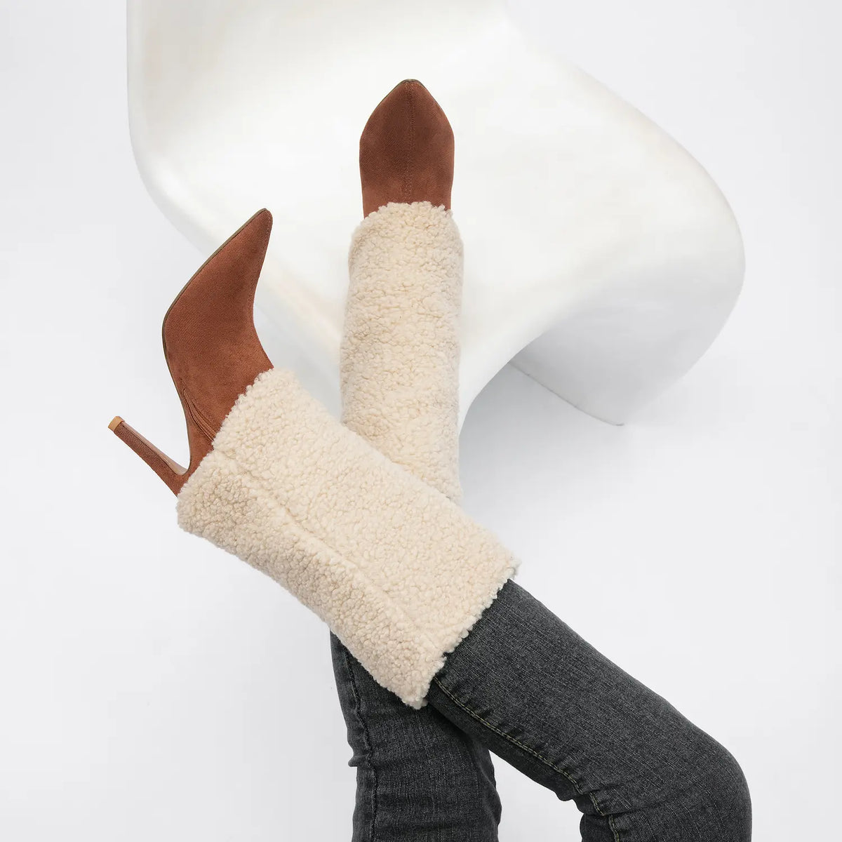 Pointed Toe Fold Over Sherpa Stiletto Mid Calf Boots