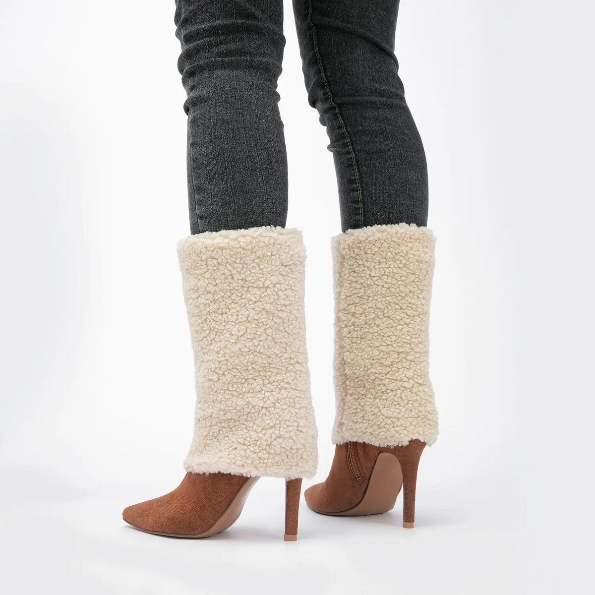 Pointed Toe Fold Over Sherpa Stiletto Mid Calf Boots