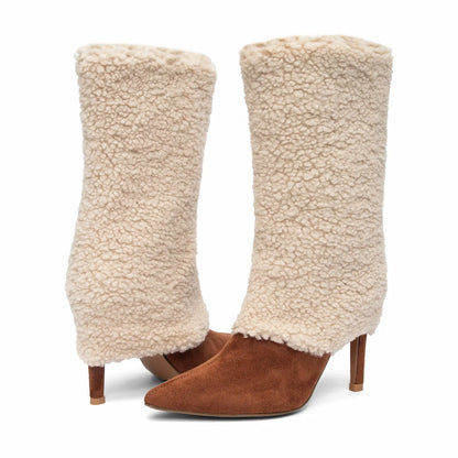 Pointed Toe Fold Over Sherpa Stiletto Mid Calf Boots
