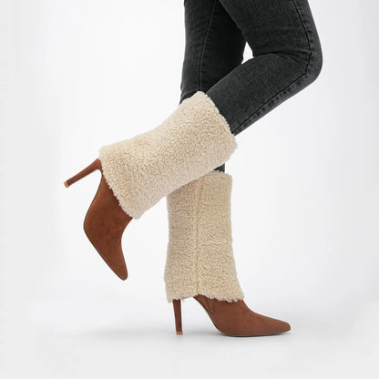 Pointed Toe Fold Over Sherpa Stiletto Mid Calf Boots