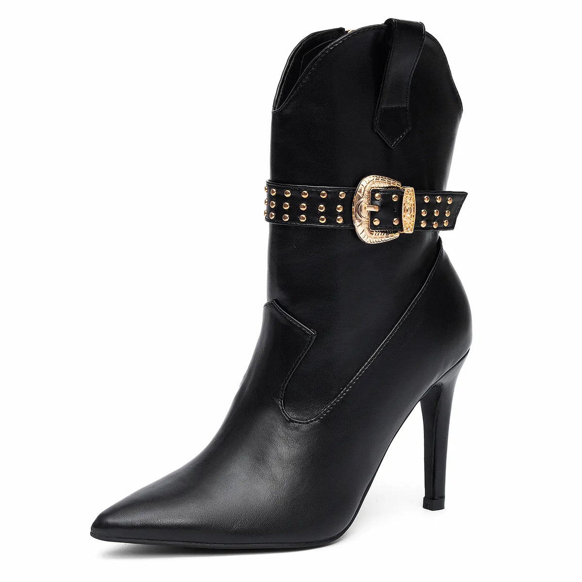 Pointed Toe Studded Western Stiletto Mid Calf Boots