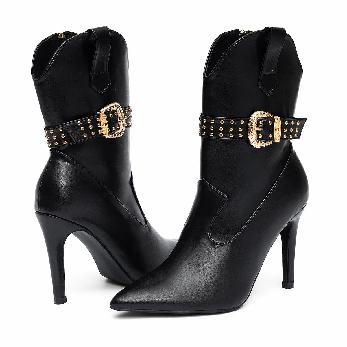 Pointed Toe Studded Western Stiletto Mid Calf Boots