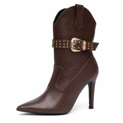 Pointed Toe Studded Western Stiletto Mid Calf Boots