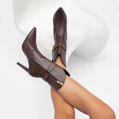 Pointed Toe Studded Western Stiletto Mid Calf Boots