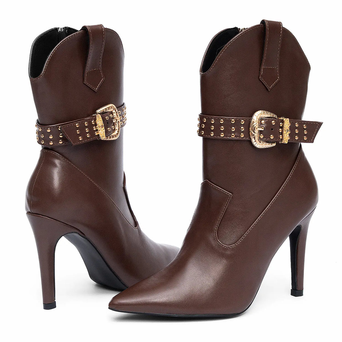 Pointed Toe Studded Western Stiletto Mid Calf Boots